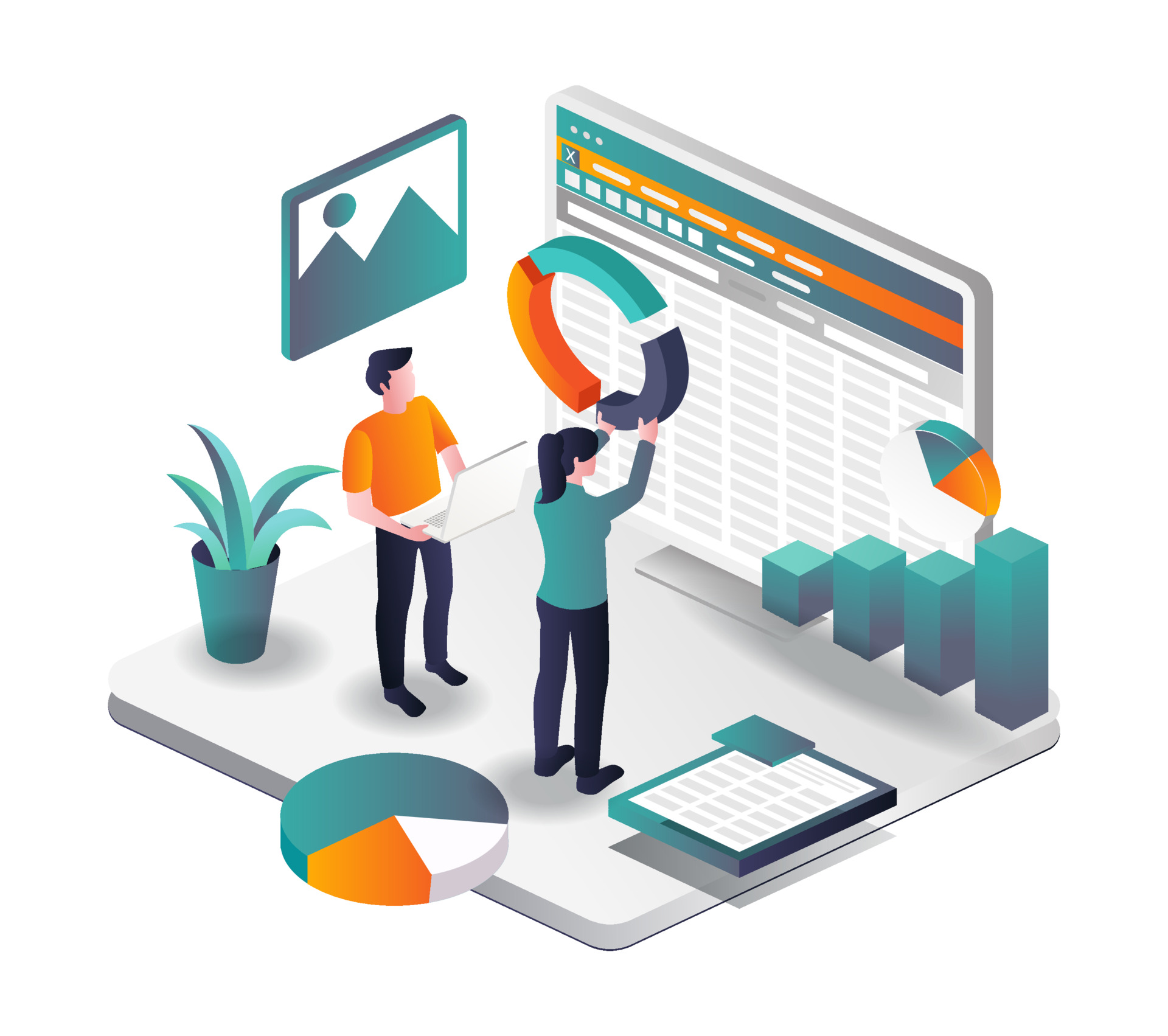 Compile pie charts in excel in isometric illustration HAK UP2DATE Logo